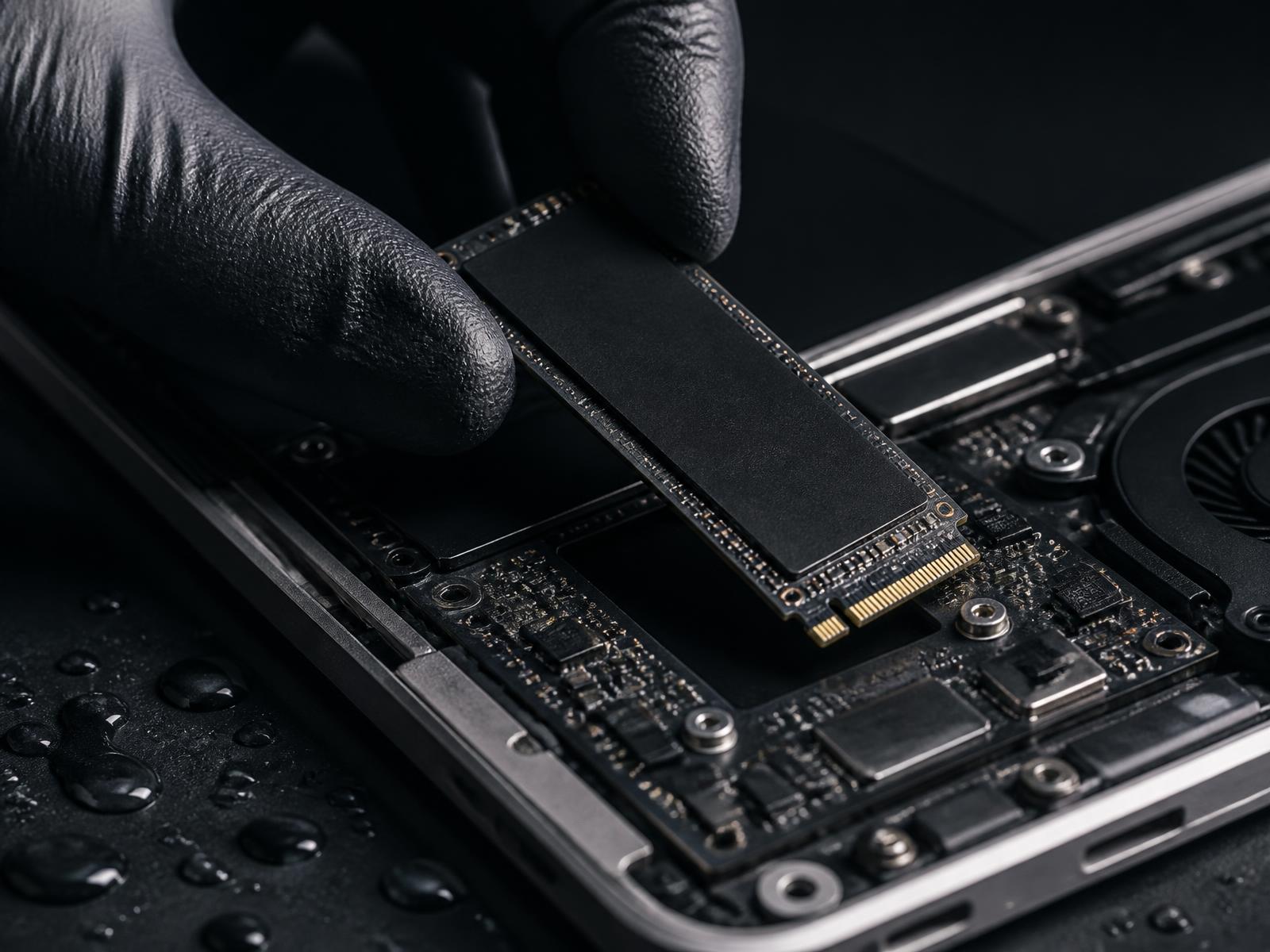 Close-up of an SSD being removed from a MacBook logic board with a gloved hand
