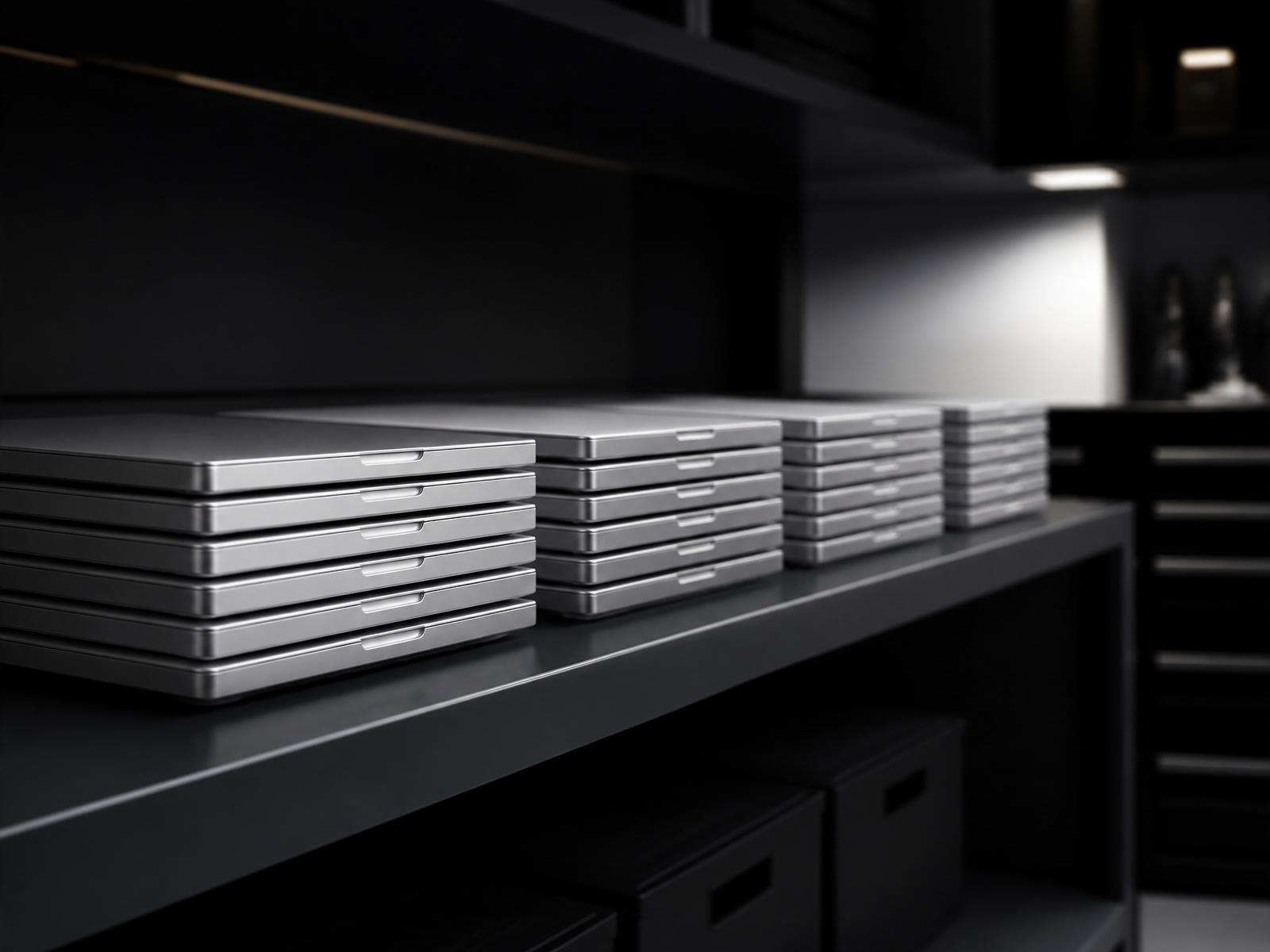 Silver aluminium laptops stacked on a graphite shelf in a service facility