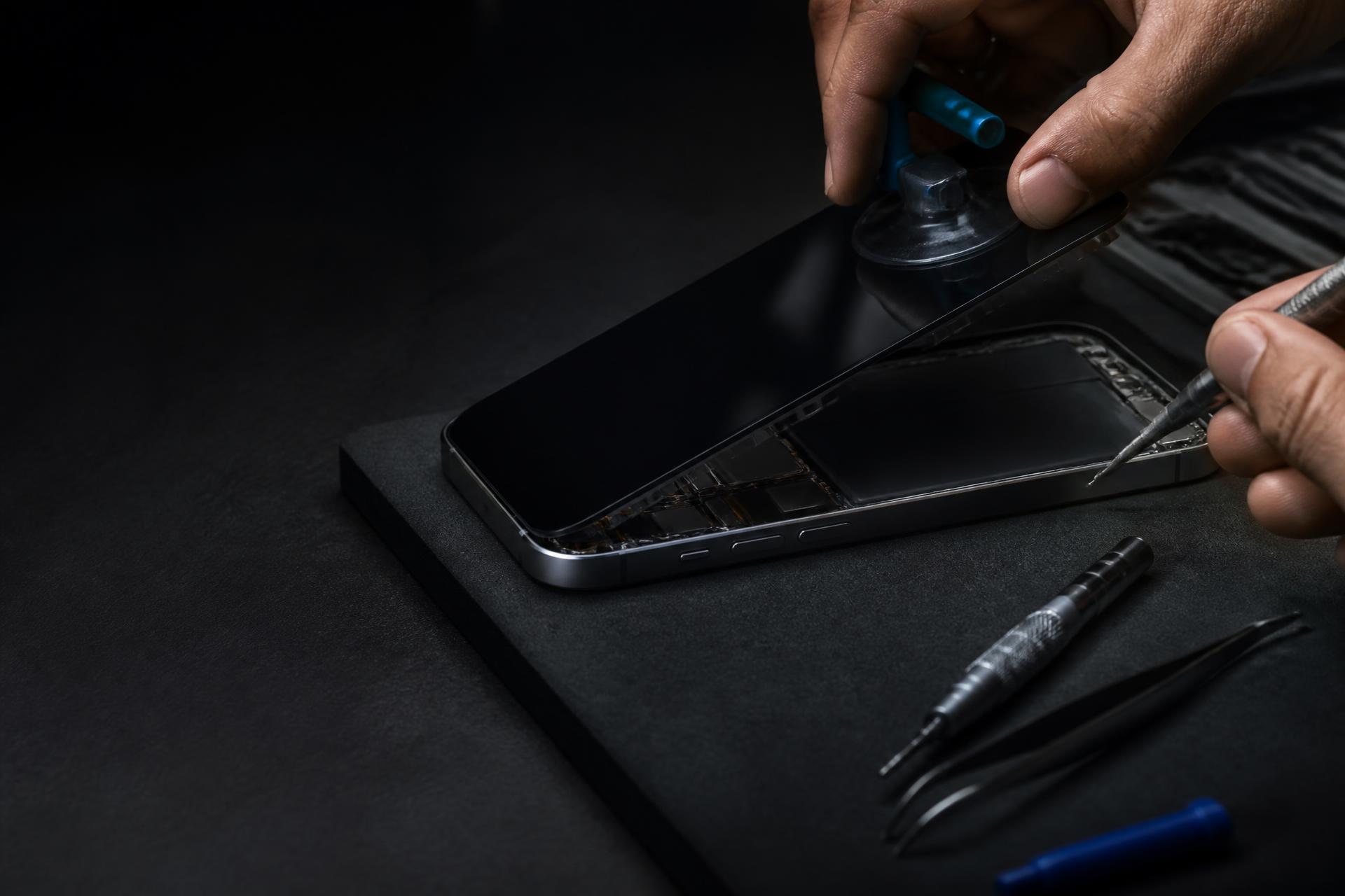 Close-up of an iPhone being carefully opened with professional repair tools