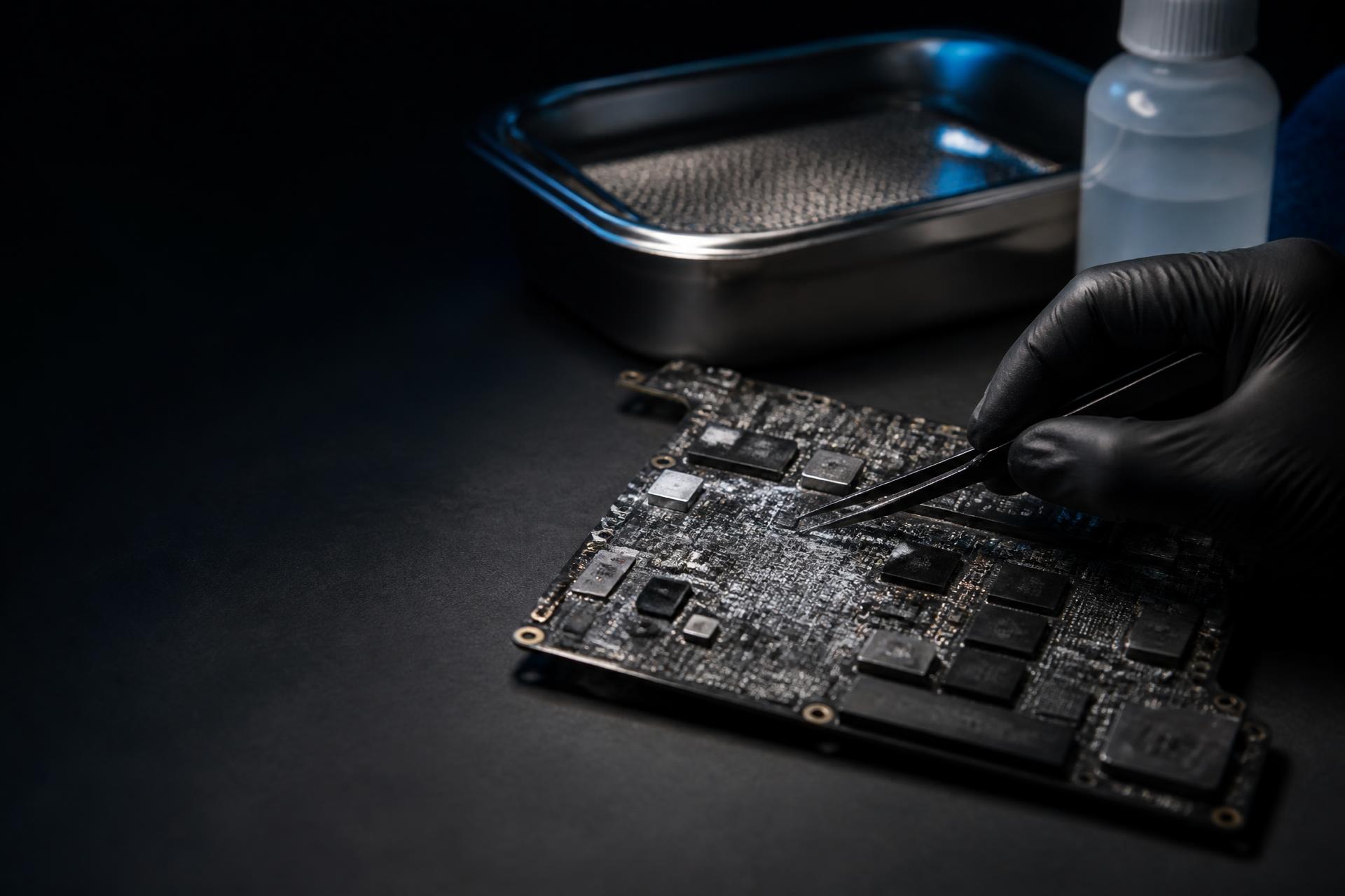 Technician inspecting a liquid-damaged MacBook logic board in a controlled workshop